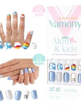 Press on Nails for Kids and Mom - Vamony 54 Pcs Short Square Fake Nails  Artific
